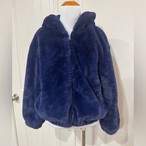 French Connection deep purple blue Faux Fur Bomber Jacket